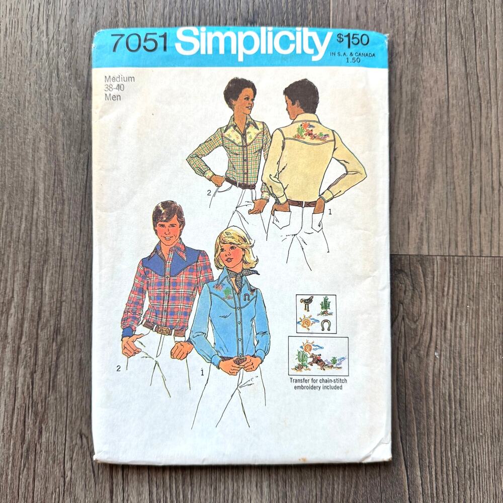 UNCUT Vintage 1970s Simplicity 7051 Sewing Pattern Men Med Western Button Up Top